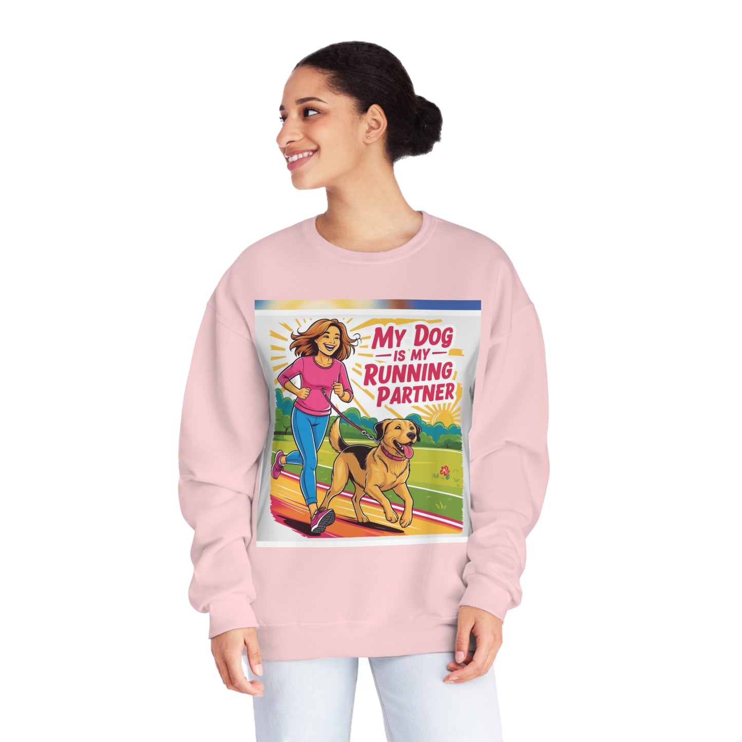 My dog is my running partner womens graphic print sweatshirt designed by Madison Cool