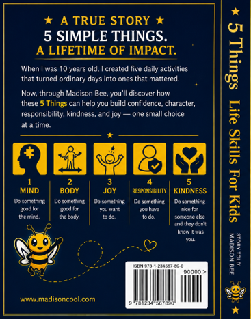 Five Things a Day book is a true story of skills for kids that was created by a kid. It is a thoughtful, engaging life guide for kids, tweens, and teens that introduces five simple principles for creating days that feel meaningful, purposeful, and balanced.