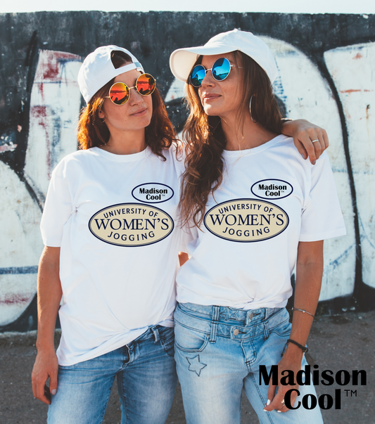 Madison Cool share the passion for women that jog. beautiful feminine and also comfortable short sleeve t with darling university style women's jogging graphic